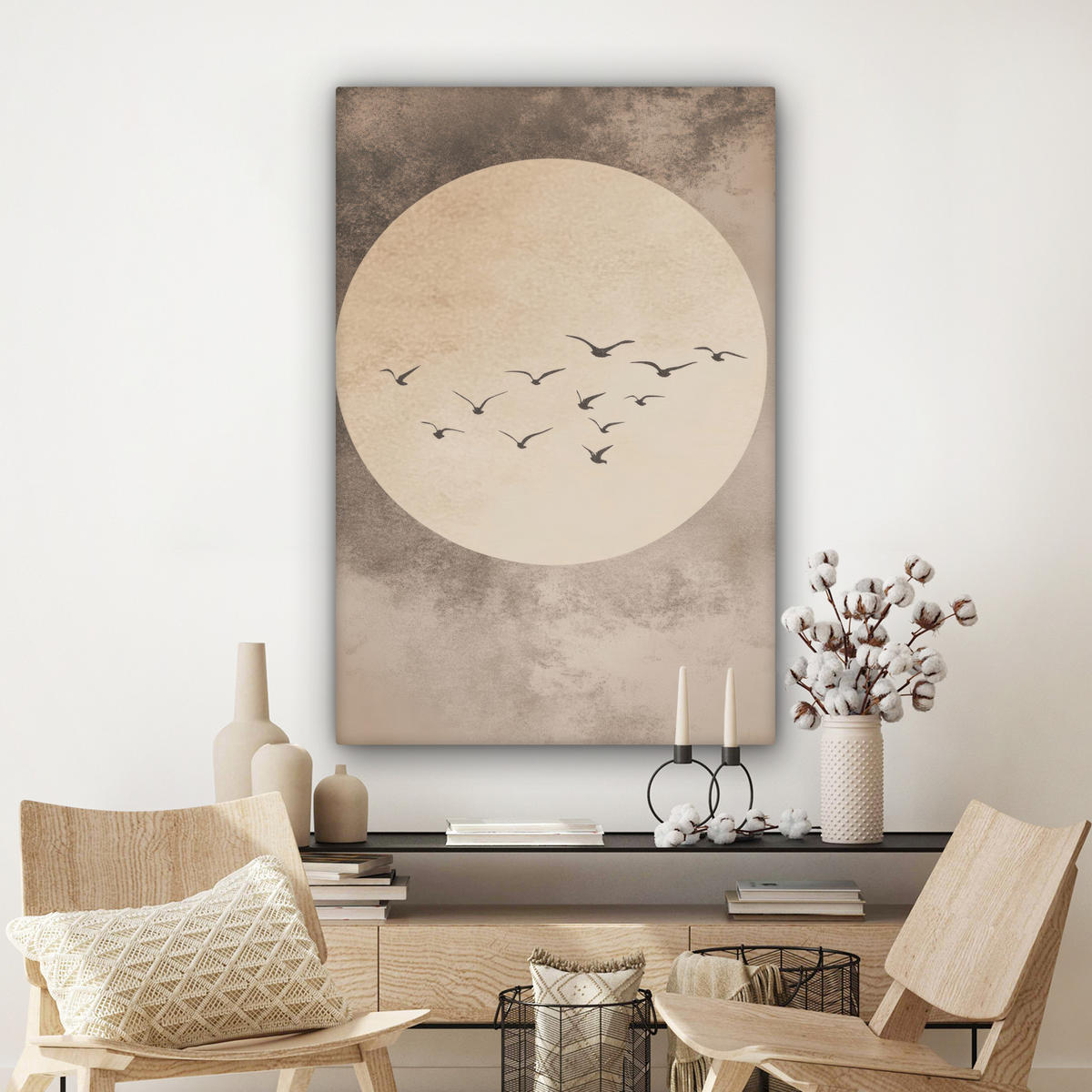 LEINWANDBILD Vogel - Beige - Japanisch Deko Groß 90x140 cm - Taupe, Textil (90/140cm) - MuchoWow