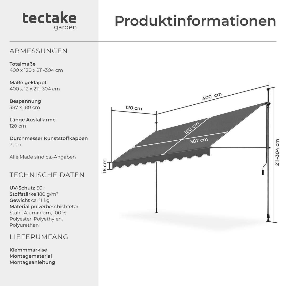 KLEMMMARKISE MIT HANDKURBEL , wasserabweisend, schwarz/grau - Schwarz/Grau, Textil (400/304/180cm) - tectake