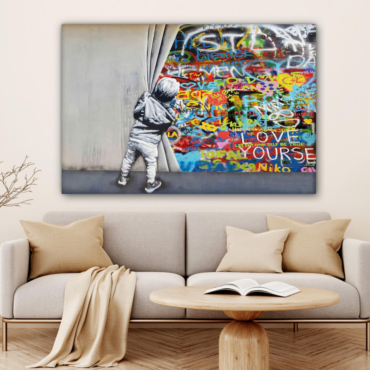 LEINWANDBILD Graffiti - Junge - Ilussie - Straßenkunst Wohnzimmer 120x80 cm - Hellgrau, Textil (120/80cm) - MuchoWow