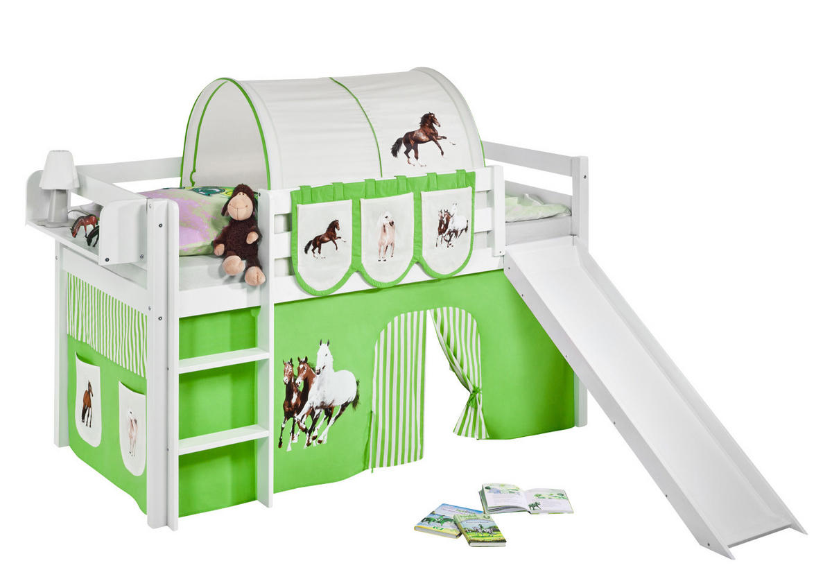 SPIELBETT JELLE Pferde Grün Beige - Hochbett - mit Rutsche und Vorhang - Weiß, Holz - Lilokids