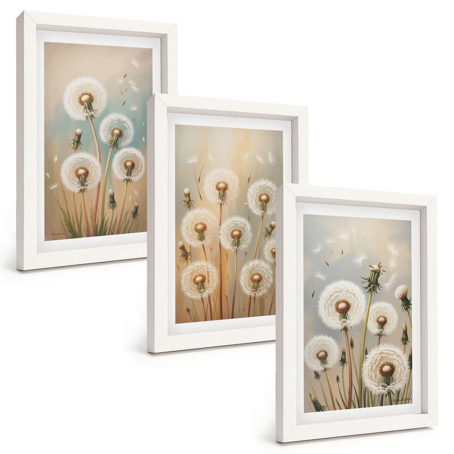 BILDER SET 3er Set - 20x30 cm Weißer Rahmen - Pastellfarbene Löwenzahnblüten - Weiß, Kunststoff (20/30cm) - TULUP
