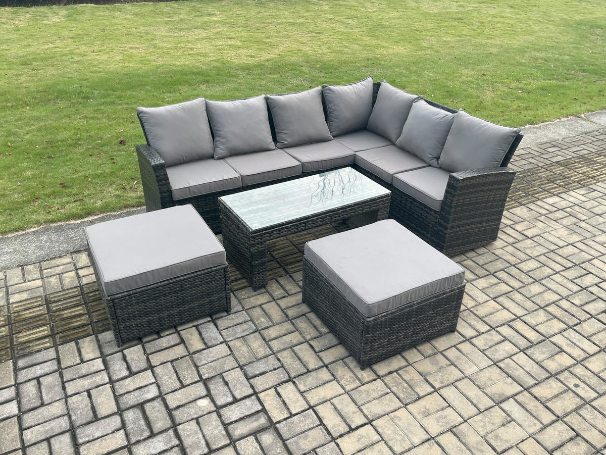 LOUNGEGARNITUR mit Couchtisch Sofa Polyrattan Dunkelgrau 8-Sitzer - Dunkelgrau/Grau, Glas/Kunststoff - Fimous