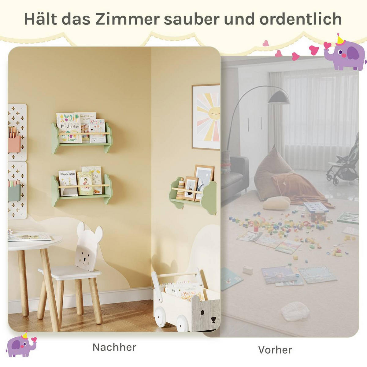 KINDER-WANDREGAL 3er Set, Kiefernholz, 45 x 12,7 x 23cm, Grün - Grün, Holz/Holzwerkstoff (45/23/12.7cm) - Woltu