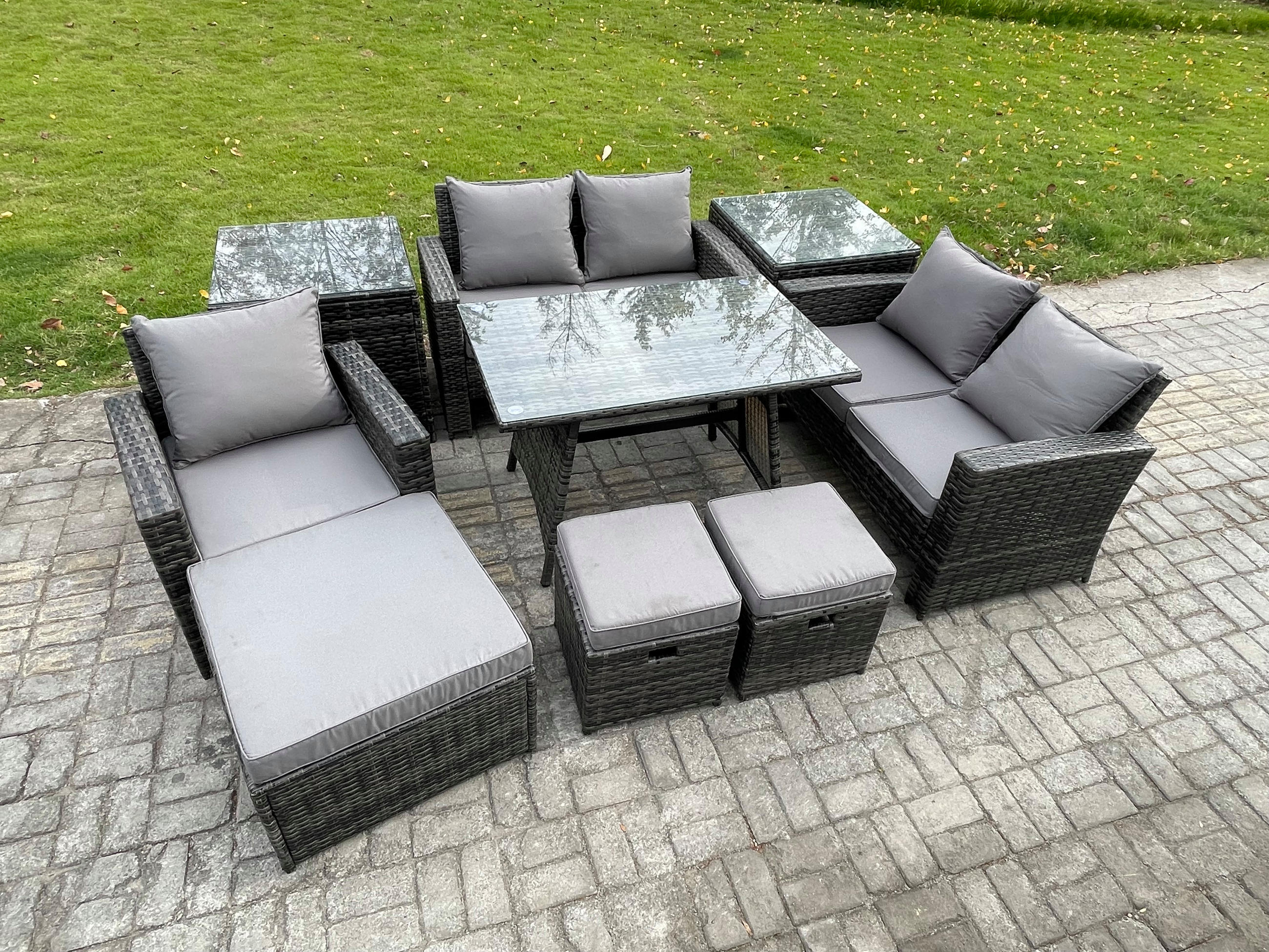 GARTENMÖBELSET mit ESSTISCH,HOCHLEHNER-SOFA Polyrattan Dunkelgrauer Mix 8-Sitzer - Dunkelgrau/Grau, Glas/Kunststoff - Fimous