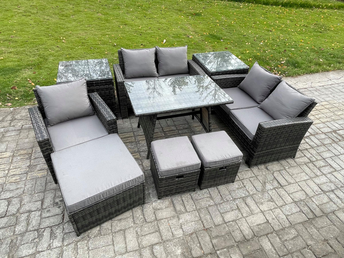 GARTENMÖBELSET mit ESSTISCH,HOCHLEHNER-SOFA Polyrattan Dunkelgrauer Mix 8-Sitzer - Dunkelgrau/Grau, Glas/Kunststoff - Fimous