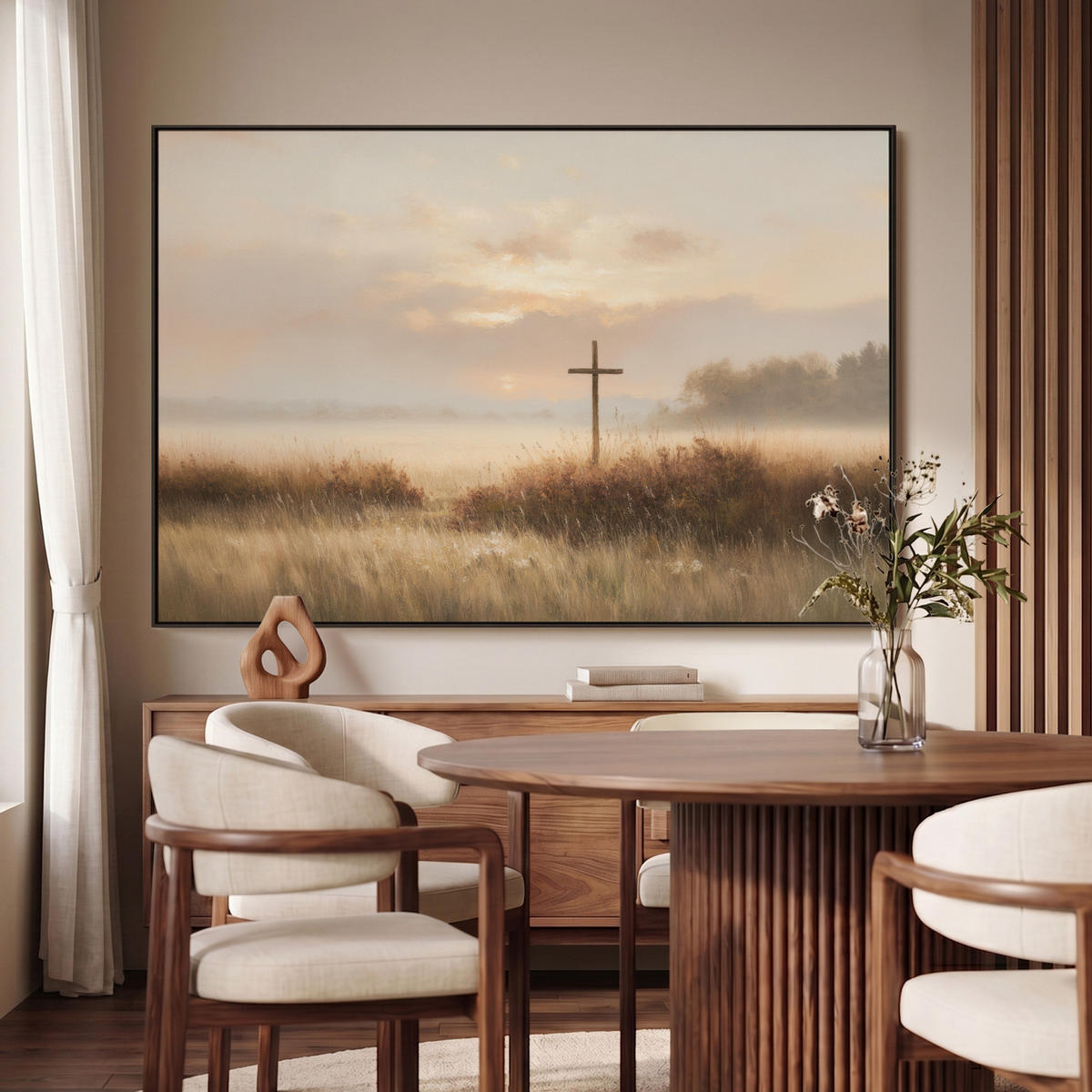 LEINWAND Bilder mit Rahmen - Gras - Morgennebel - Kreuz - Christentum - 140x90 - Beige, Textil (140/90cm) - MuchoWow