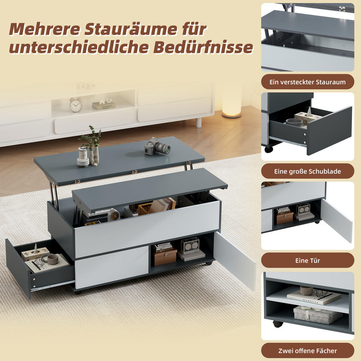 COUCHTISCH 100x98cm Höhenverstellbar Rollen Schubladen Esstisch Grau-Weiß - Grau, Holz (111.76/59.06/14.99cm) - FLIEKS