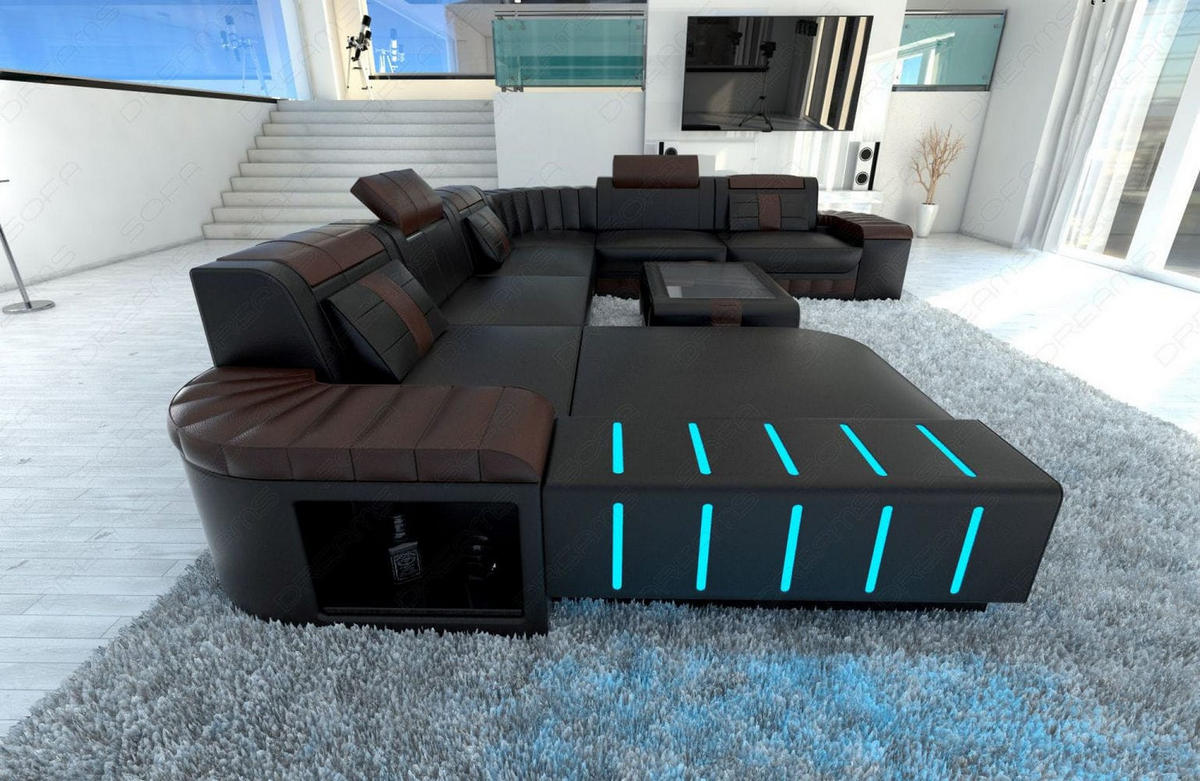 WOHNLANDSCHAFT Bellagio Schwarz Dunkelbraun Büffelleder - Schwarz, Leder (362/80/287cm)