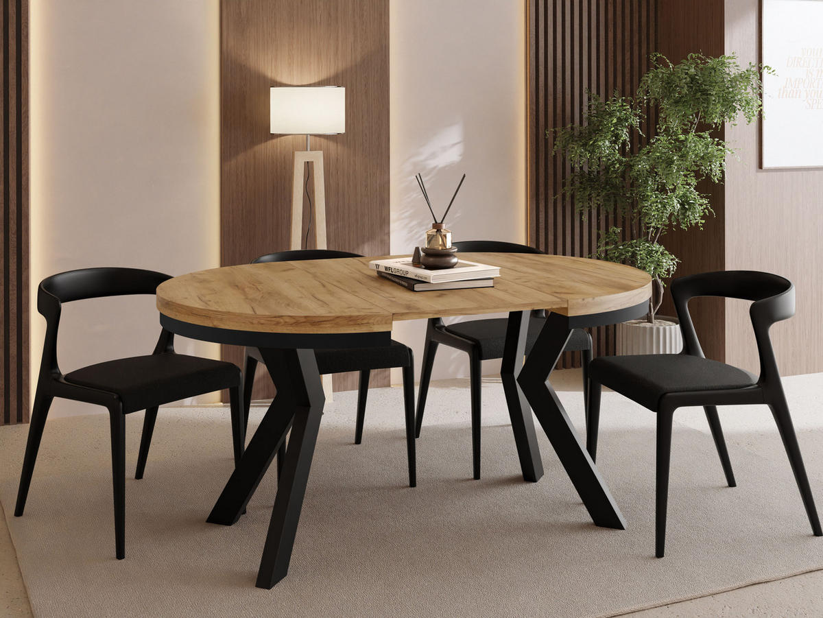 ESSTISCH Savio Neo rund ausziehbar verlängerbar, Eiche Braun 80-130/80/77 cm - Eiche Wotan/Schwarz, Holz/Holzwerkstoff (80/80/77cm) - WFL GROUP