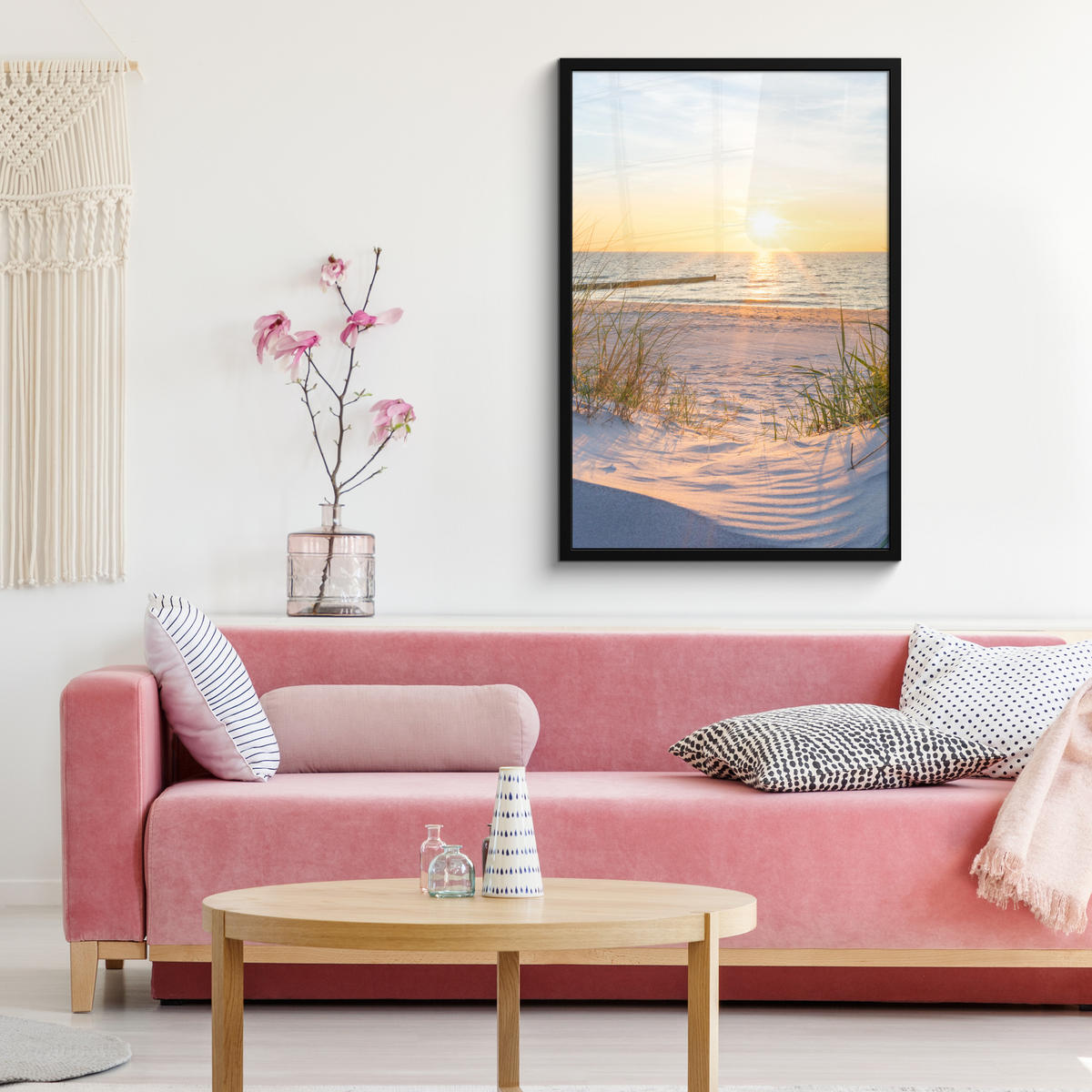 ZARÁMOVANÝ PLAGÁT Pláž - Slnko - Duny - Tráva - Piesok - Horizont 60x90 cm - svetlomodrá, papier (60/90cm) - MuchoWow
