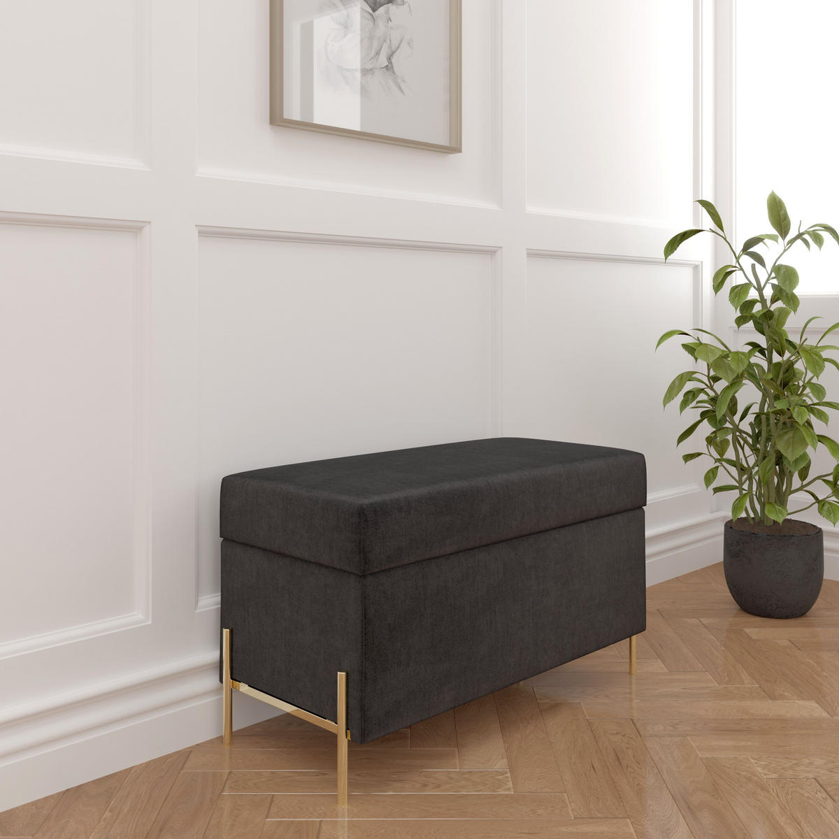 HOCKERBANK Borgo Mit Stauraum, Samt Grau, Metal Gold - Goldfarben/Grau, Holzwerkstoff/Metall (80/46/37cm) - Dancan