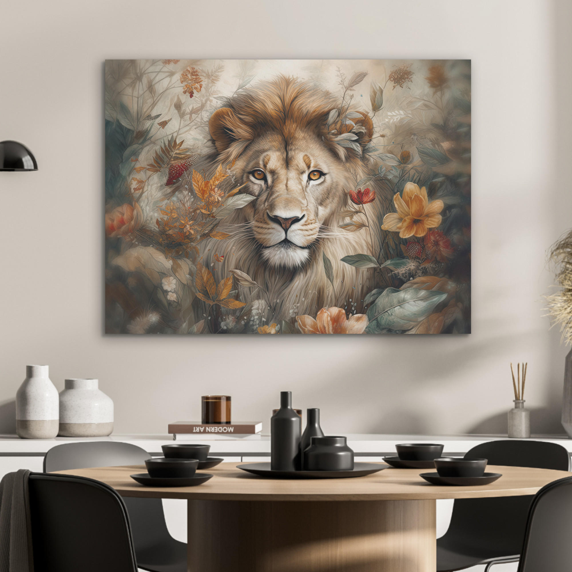 AKUSTIKPANEEL Löwe - Wildtiere - Pflanzen - Natur - Blumen 80x60 cm - Beige, Textil (80/0.9/60cm) - MuchoWow