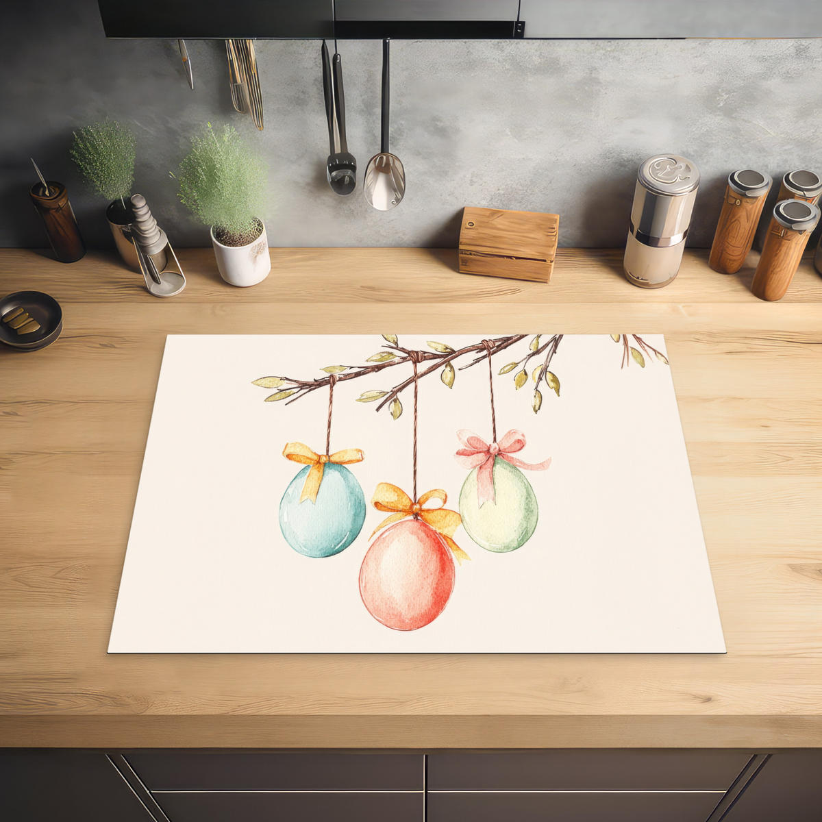 HERDABDECKPLATTE Osterkuchen - Schleife - Eier Induktionsmatte 71x52 cm - Creme, Kunststoff (71/52/0.2cm) - MuchoWow