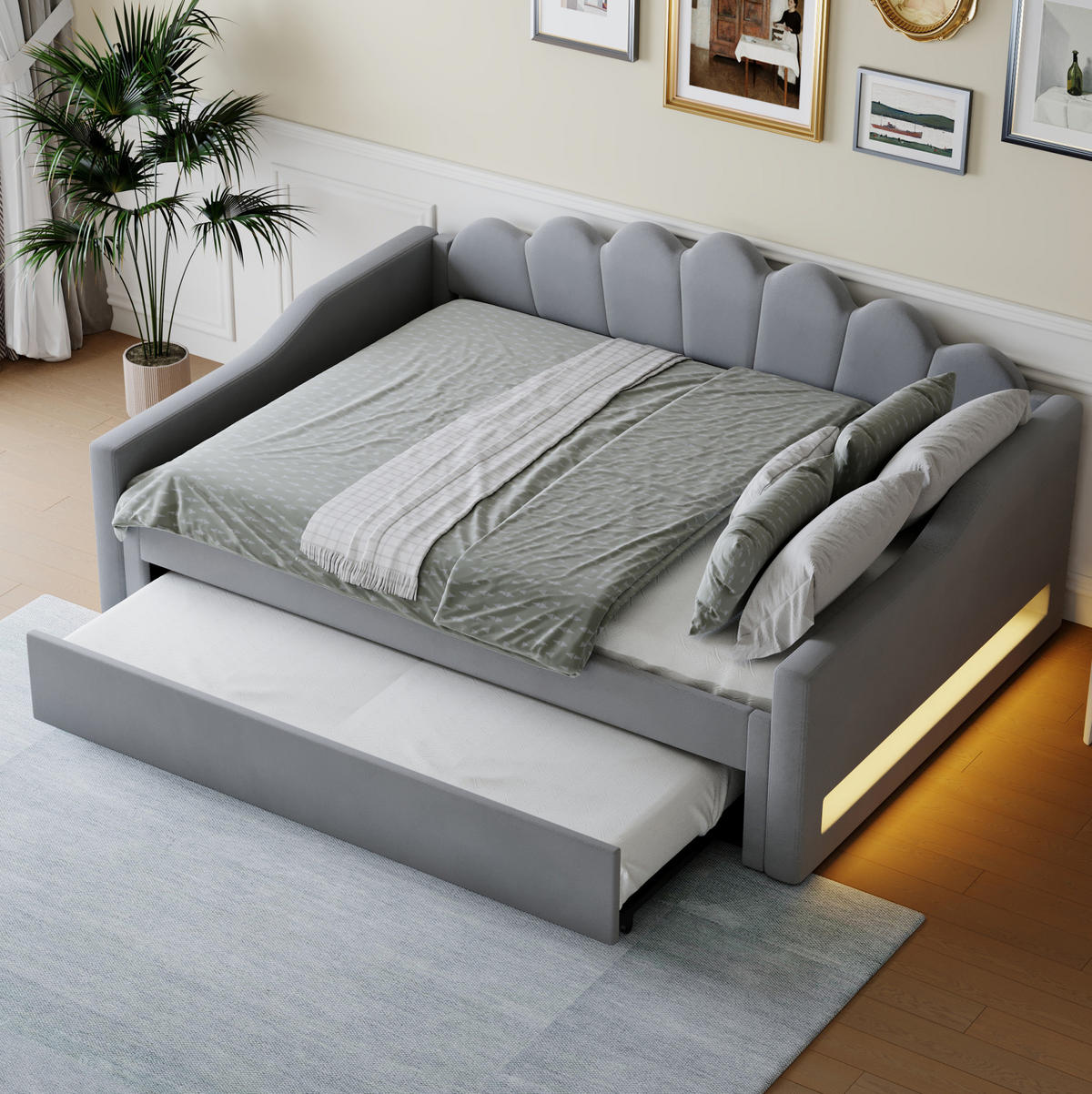 POLSTERBETT 140/200 cm mit Ausziehbett und LED-Beleuchtung in Grau - Grau, Holzwerkstoff (140/200cm) - BEAOK