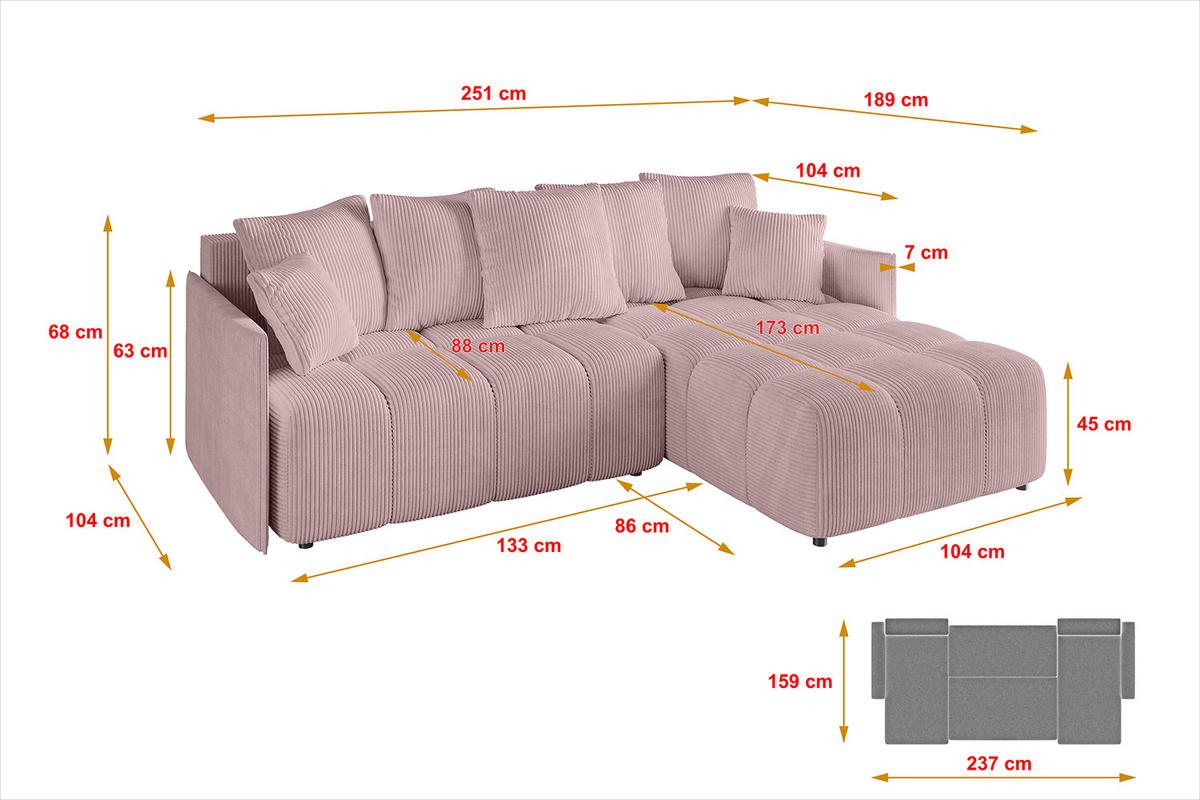 ECKSOFA Ottomane rechts LONLI-L 251x189x68 Rosa Cord - Rosa, Holzwerkstoff/Kunststoff (189/251cm) - ALTDECOR
