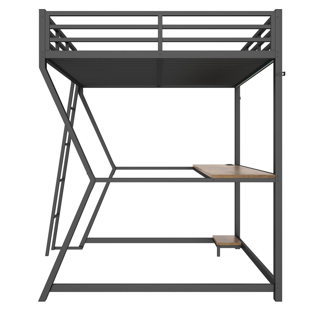 HOCHBETT 140/200 cm aus Metall und MDF mit LED-Beleuchtung, Schreibtisch, Steckdose, USB, Treppe und Geländer, Schwarz - Schwarz, Metall (140/200cm) - Redom