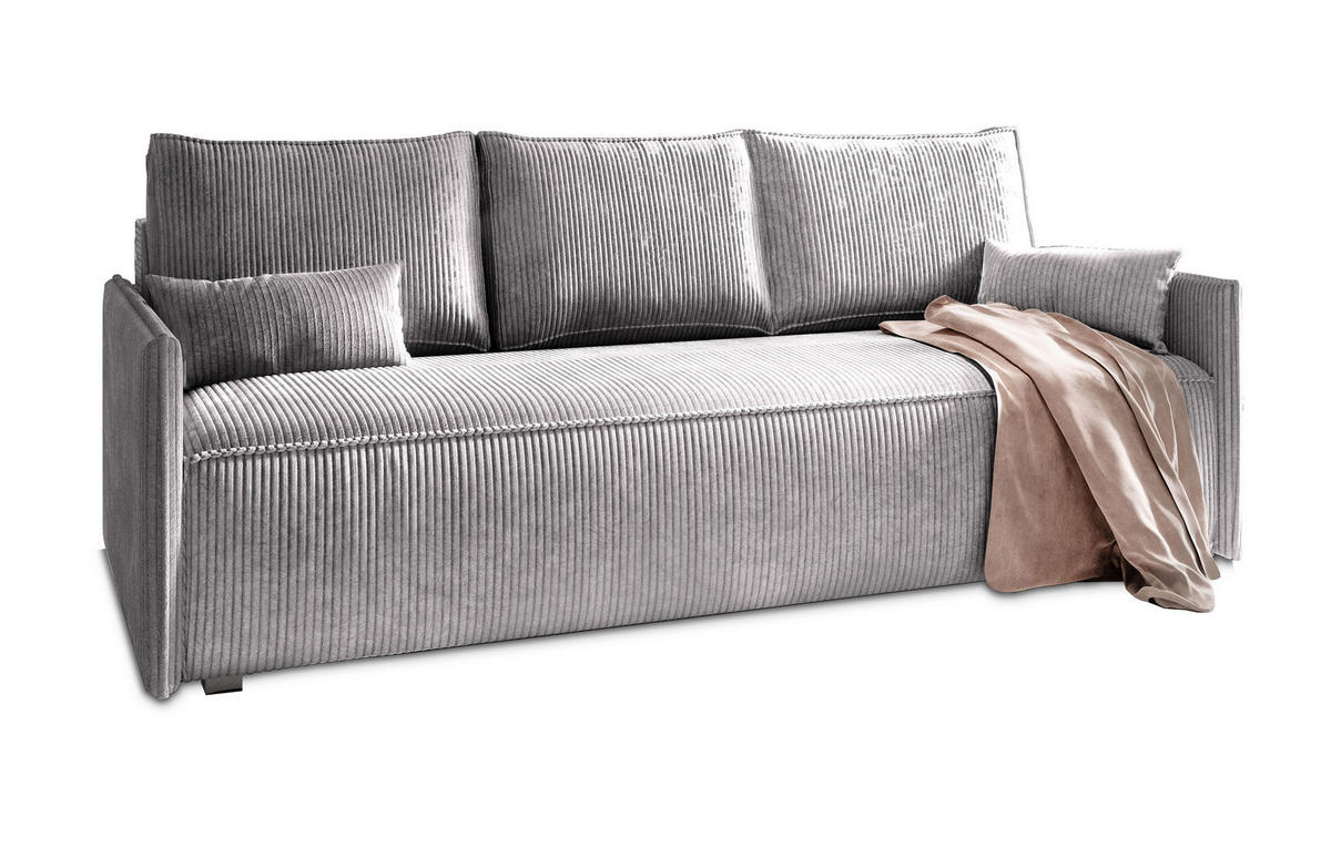BETTSOFA MESTOR Hellgrau Kordstoff mit Schlaffunktion - Hellgrau, Textil (206/83/87cm) - MASSENO