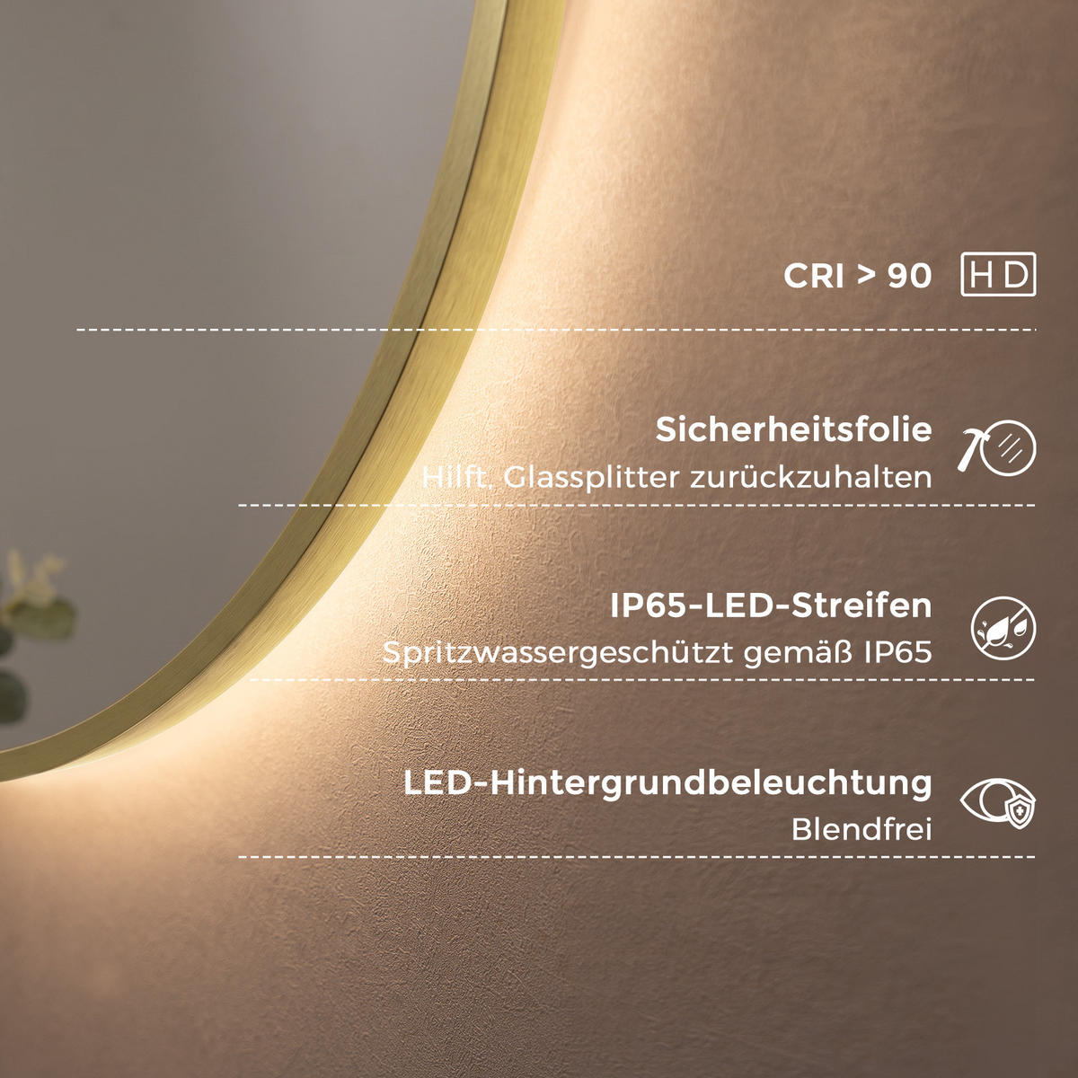 BADSPIEGEL mit Beleuchtung 60 cm rund gold mit Aluminiumrahmen, LED dimmbar und Antibeschlag - Goldfarben, Glas (60/60/3.3cm) - S'AFIELINA