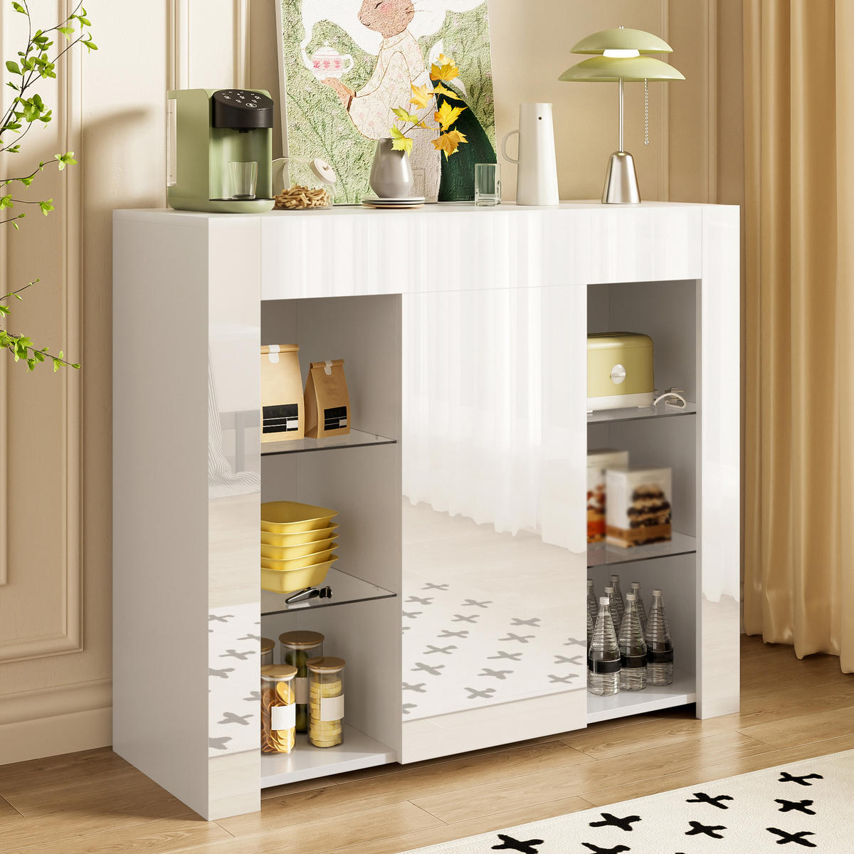 BUFFET 95x35x83 cm weiß Glasregale - Weiß, Holzwerkstoff (95/83/35cm) - LEBENLANG