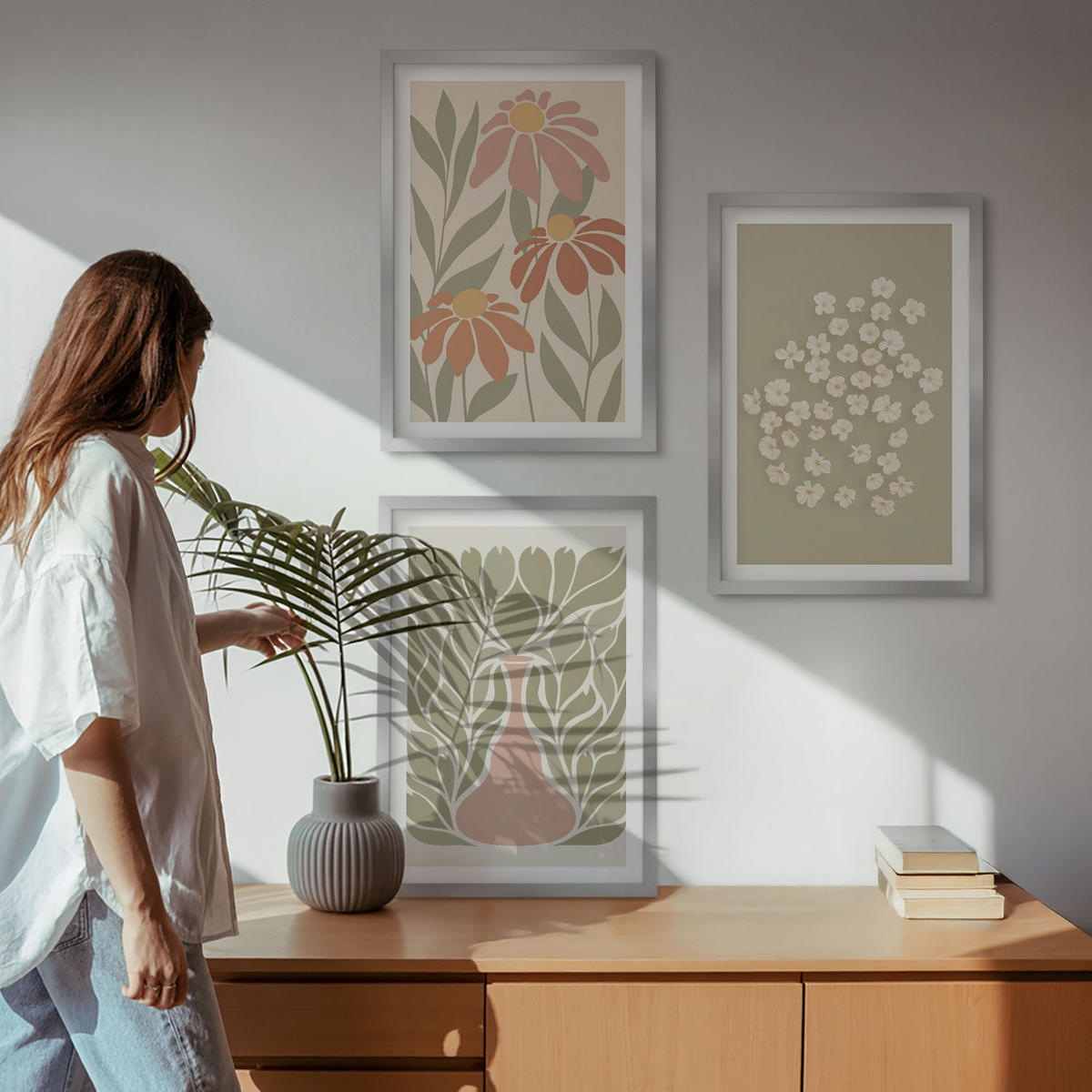 BILDER SET 3er Set - 40x60 cm Silberner Rahmen - Florale Boho-Muster - Silberfarben, Kunststoff (40/60cm) - TULUP