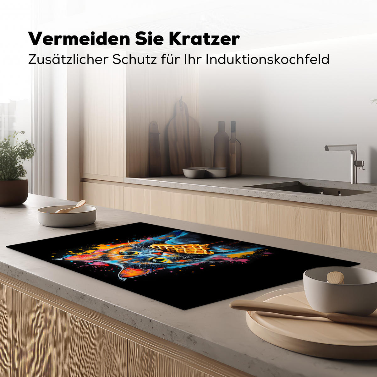 HERDABDECKPLATTE Katze - Graffiti - Bunt - Waffel - Essen Induktionsschutz 91.2x52 cm - Multicolor, Kunststoff (91.2/52/0.2cm) - MuchoWow
