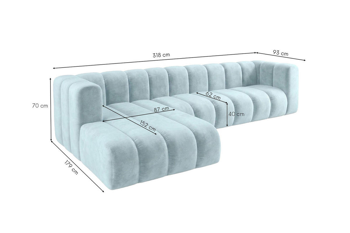 ECKSOFA Modulares In L-Form, Velvet-Stoff Riviera, Babyblau, Links, GRAND 318 cm - Hellblau, Holz (318/179cm) - Kaiser Möbel