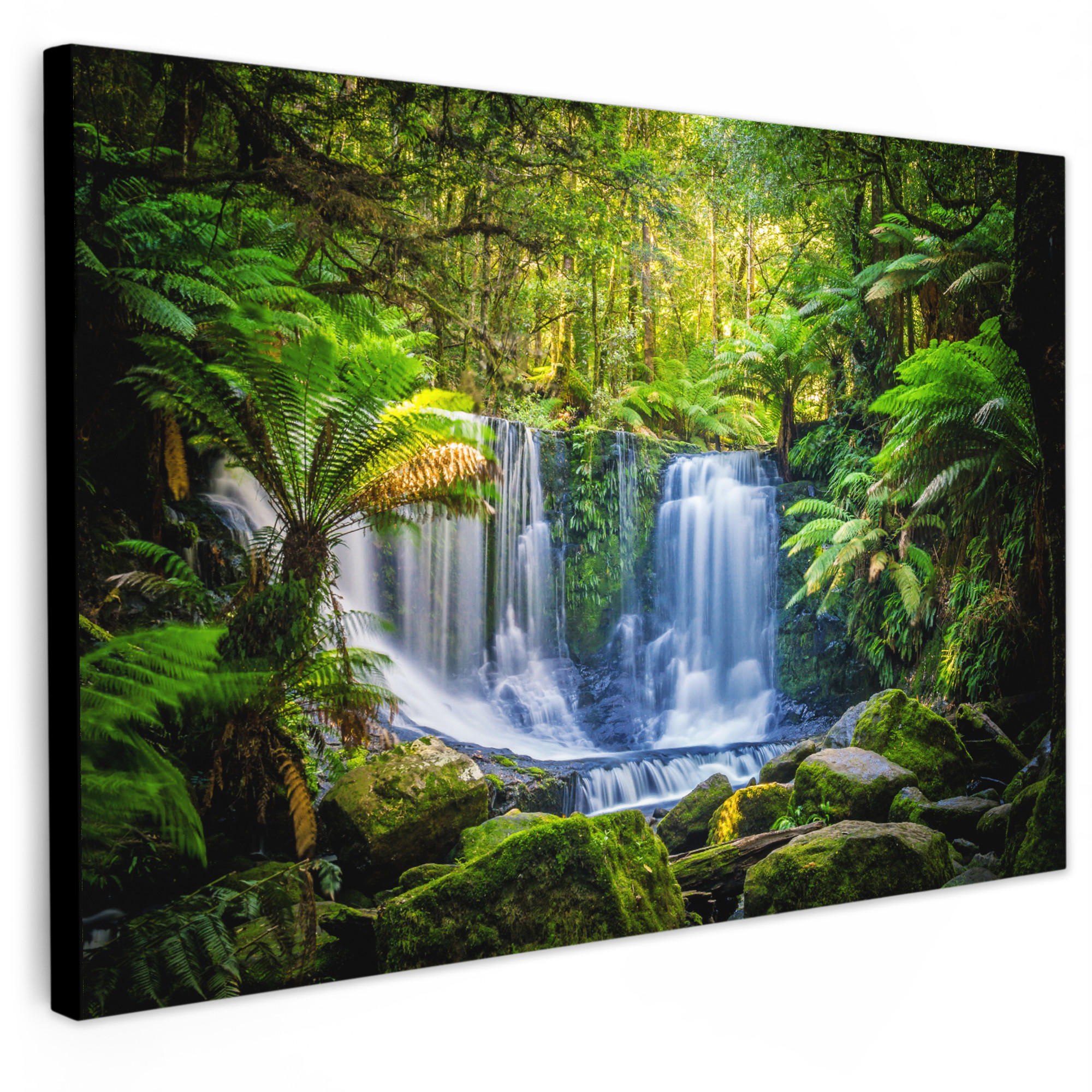 LEINWANDBILD Dschungel - Wasserfall - Australien - Pflanzen - Natur XXL 150x100 cm - Dunkelgrün, Textil (150/100cm) - MuchoWow