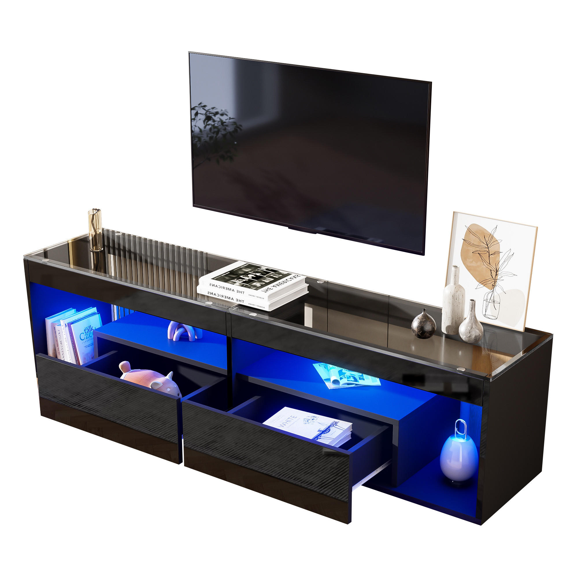 Modfu TV stolek z laminované dřevotřísky a tvrzeného skla 180x40x46 cm černý s LED osvětlením