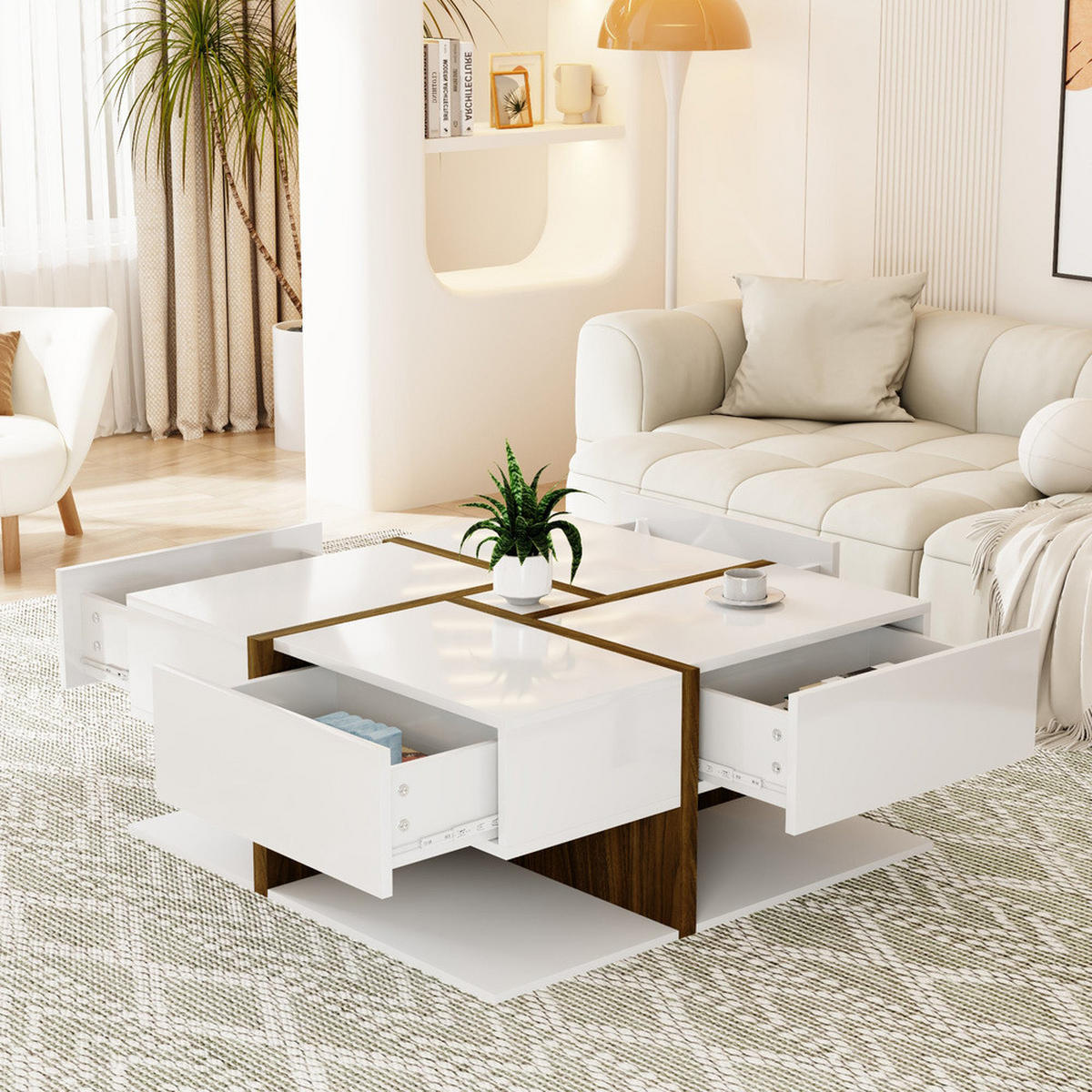 COUCHTISCH Hochglanz 4 Schubladen 78x78cm Linien-Design Weiß - Weiß, Holz (60/39/29.5cm) - FLIEKS