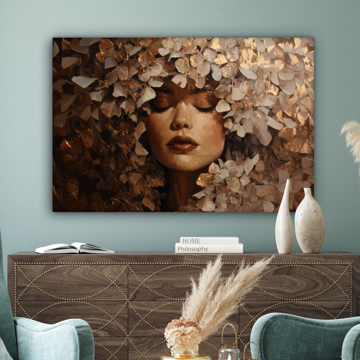 LEINWANDBILD Gesicht - Dame - Blätter - Pinselstriche XXL 150x100 cm - Goldfarben, Textil (150/100cm) - MuchoWow