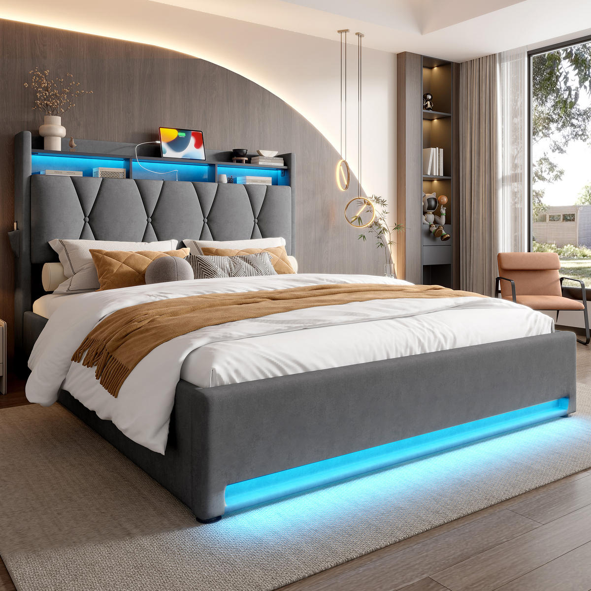 POLSTERBETT 140x200 cm LED USB Stauraum grau - Dunkelgrau, Textil (140/200cm) - LEBENLANG