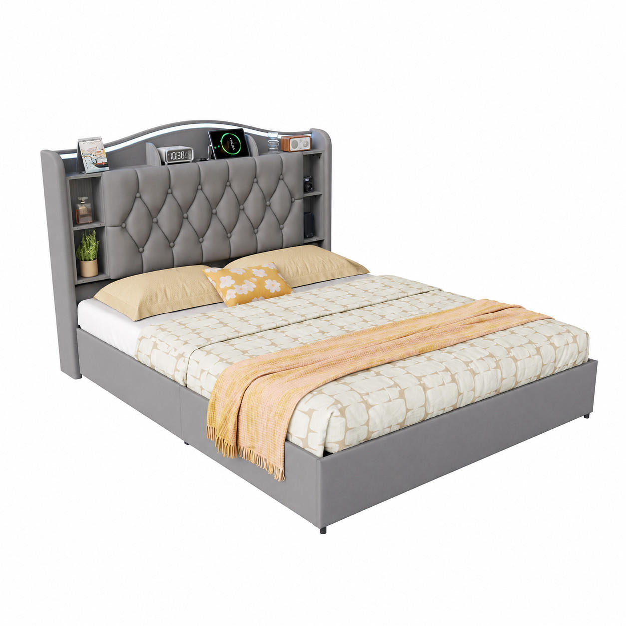 POLSTERBETT 160/200 cm mit Stauraum-Bettkasten, Ablagekopfteil mit Seitenfächern, mehrfarbigem LED-Licht & USB-Anschluss, grauer Stoffbezug - Grau, Holz/Metall (160/200cm) - Joyfair
