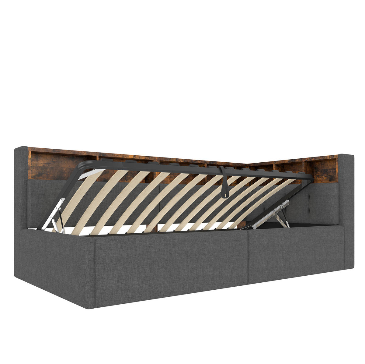 POLSTERBETT 90/200 cm Grau aus Leinen mit LED-Beleuchtung und USB- und Type-C-Anschlüssen - Grau, Textil (90/200cm) - Flora Grace