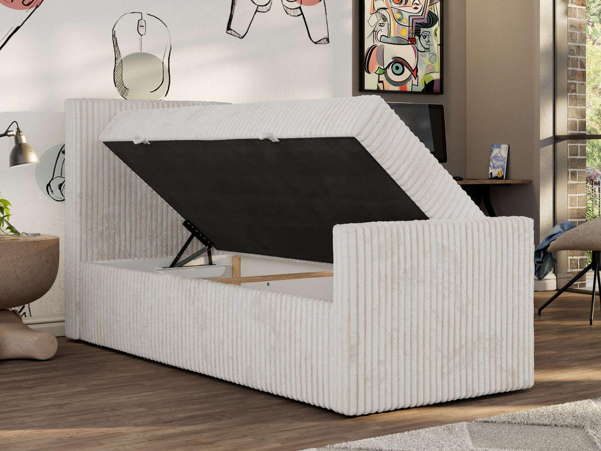 JUGENDBETT TILIO DUO 90/200 - Beige Cord - H4 - Links Seite - Beige, Textil (90/200cm) - MKS