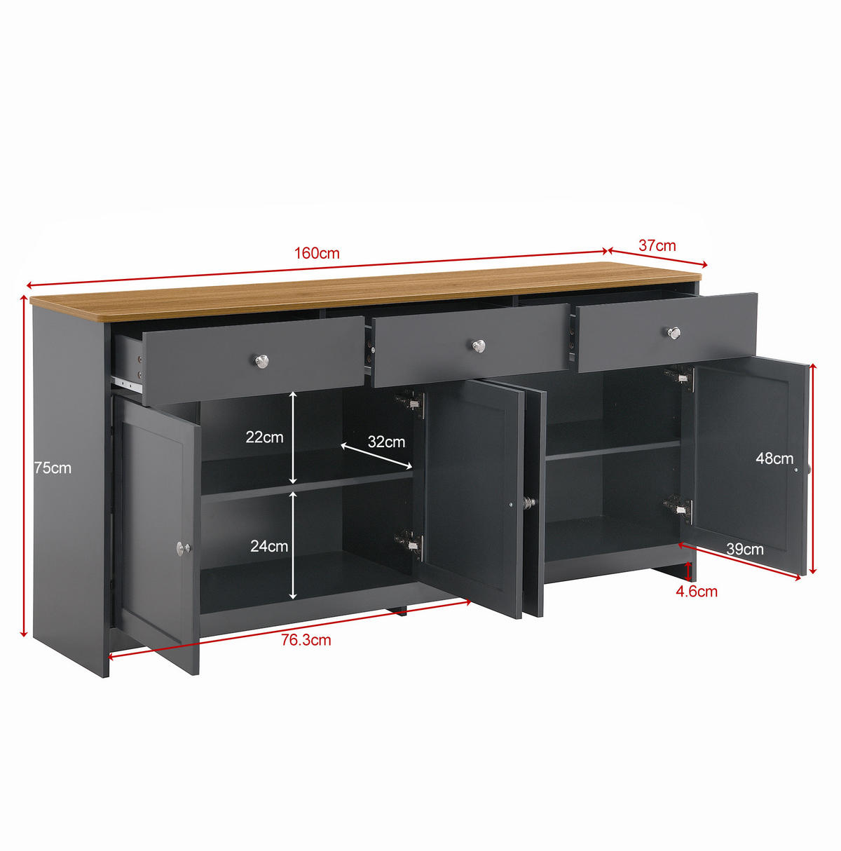 SIDEBOARD aus MDF und Spanplatte 160x37x75 cm Grau-Schwarz mit 3 Schubladen und 4 Türen - Schwarz, Holzwerkstoff (160/75/37cm) - IVMEU