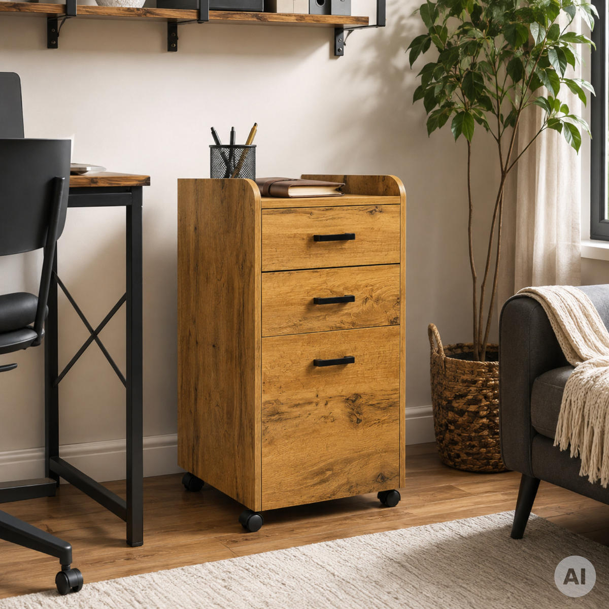 ROLLCONTAINER Holzwerkstoff Eiche Büroschrank 40 x 42 x 72 cm 3 Schubladen auf Rollen - Eichefarben/Schwarz, Holzwerkstoff (42/72/40cm) - Begryf