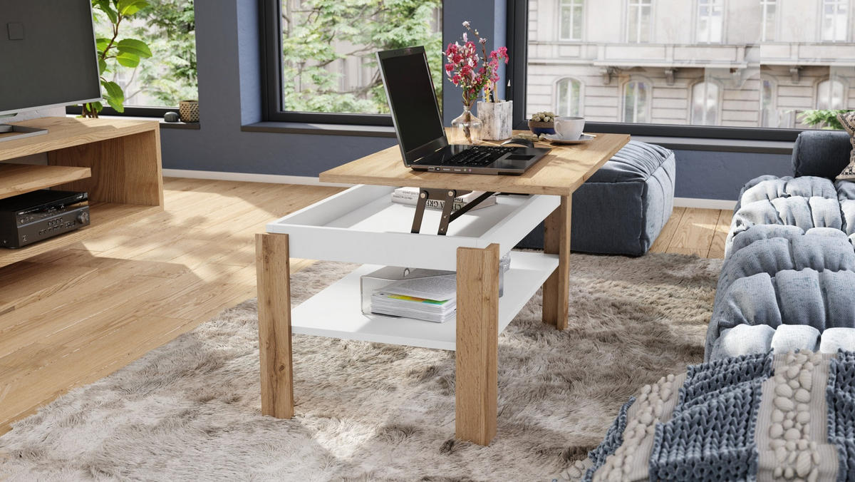 COUCHTISCH rechteckig Eiche Wotan Weiß höhenverstellbar 100/60/55 cm - Eiche Wotan/Weiß, Holzwerkstoff (60/100/55cm) - designimpex