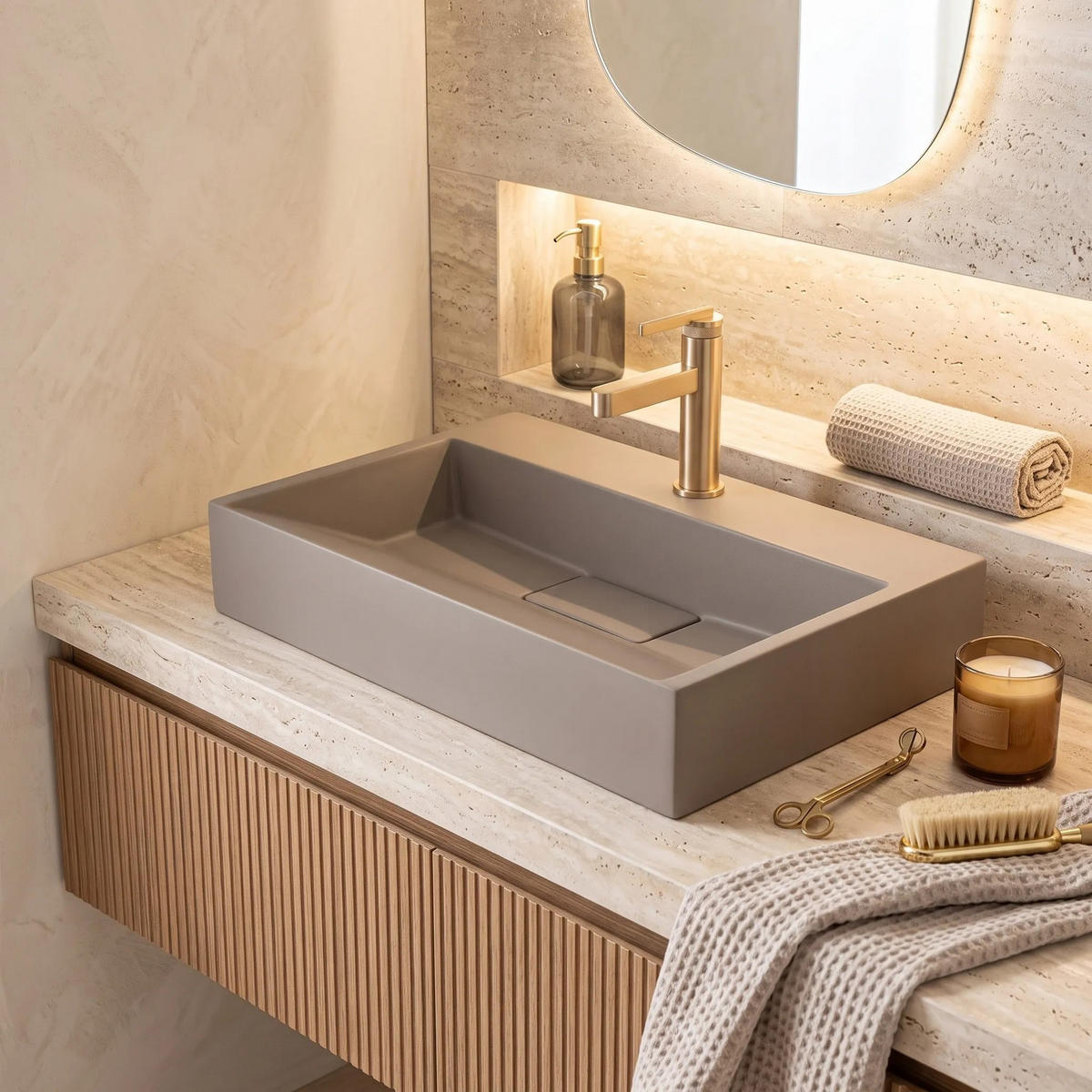 WASCHBECKEN Konglomerat Rea Goya Taupe 60cm - Beige, Keramik (37/14/60cm) - REA