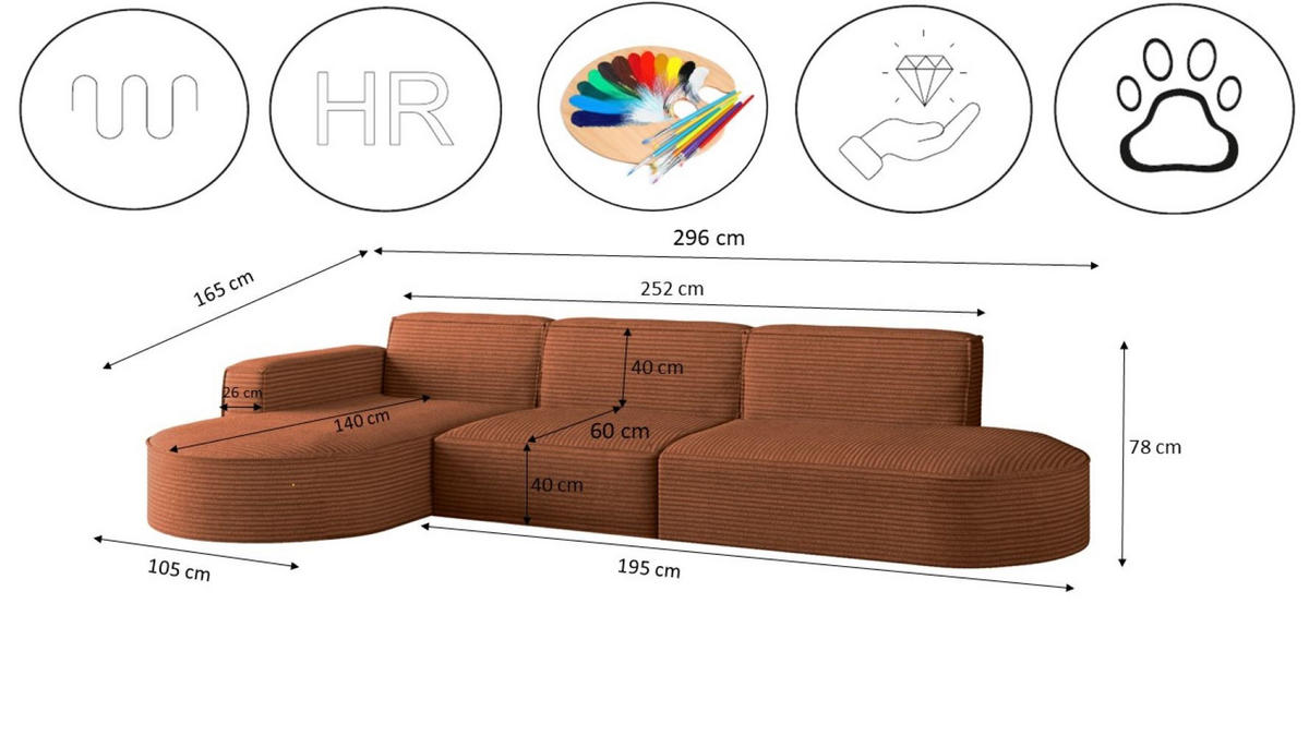 ECKSOFA Designer, Sofa L form MODENA 302 cm stoff Poso Ziegel Links - Orange, Holz (302/296cm) - Kaiser Möbel