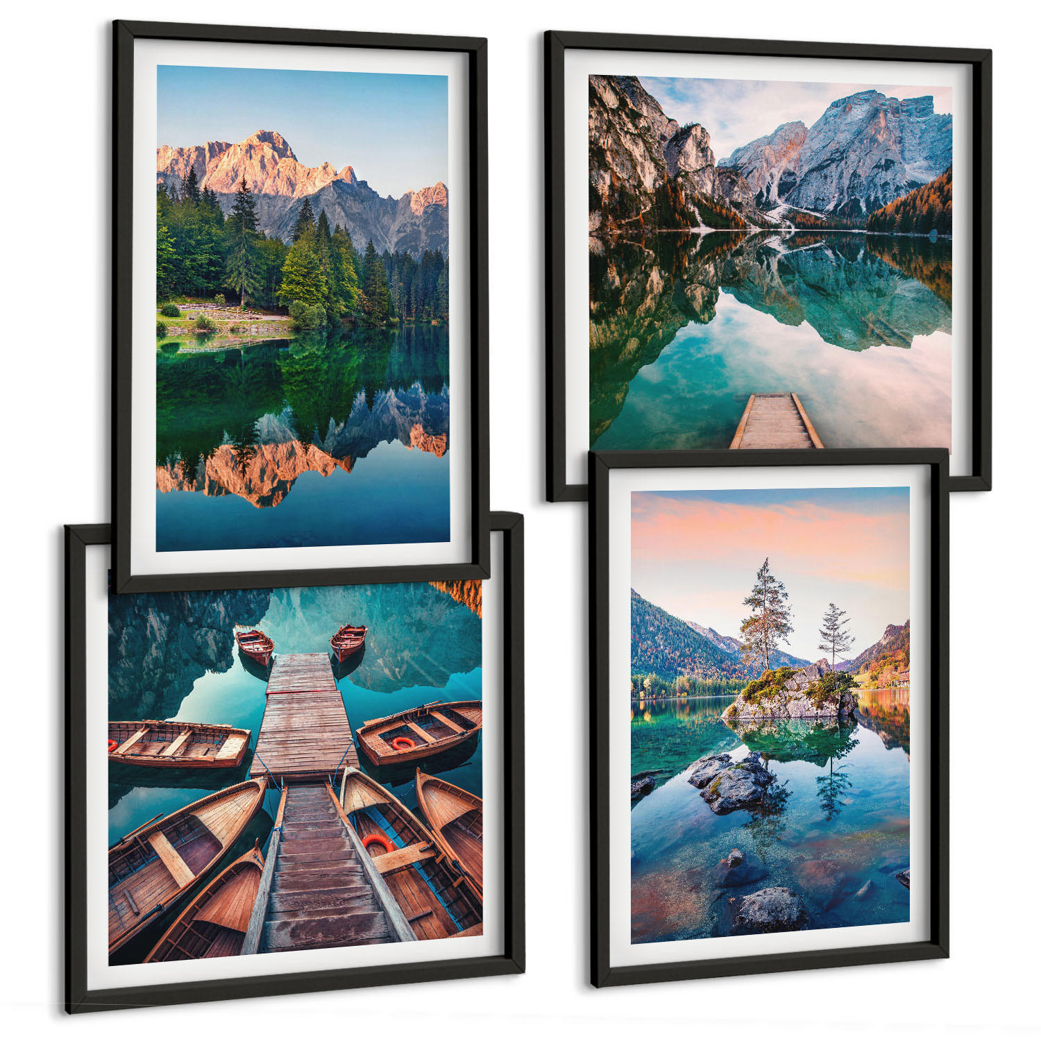 BILDER SET 4er Set - 50x50 cm & 40x60 cm Schwarzer Rahmen - Spiegelung des Waldes in Bergseen - Schwarz, Kunststoff (50/50cm) - TULUP