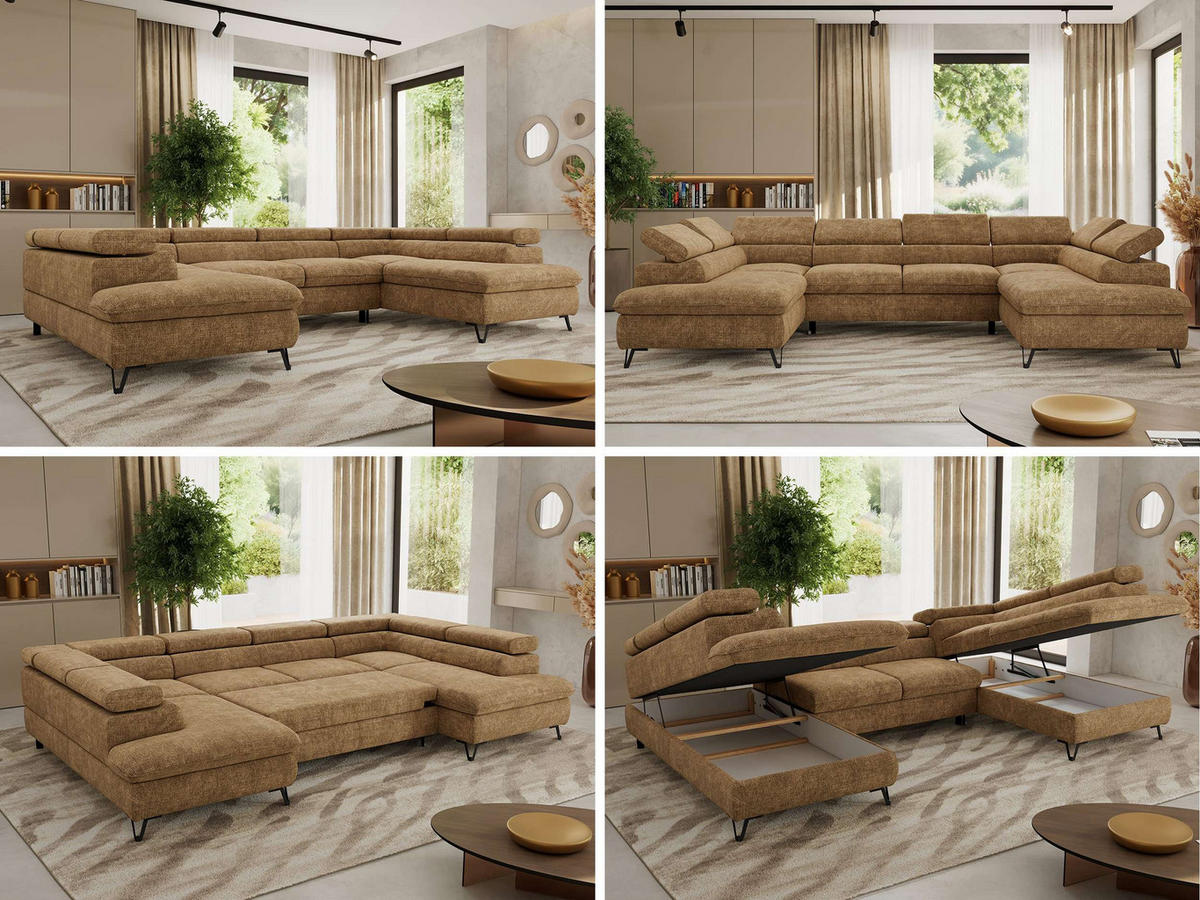 WOHNLANDSCHAFT PABLO U Schenille grob gewebt Hellbraun - Hellbraun/Schwarz, Textil/Metall (346/76/208cm) - MKS