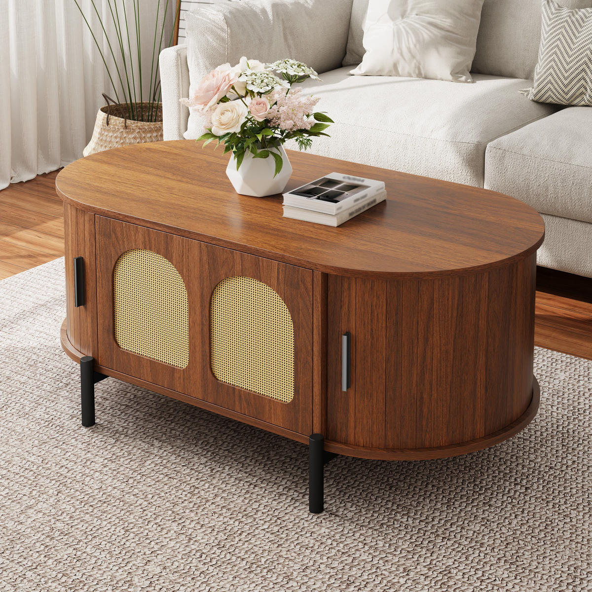 COUCHTISCH in Holzoptik Ovaler Wohnzimmertisch mit Schiebetüren und Stauraum, B100/T50H40(cm) - Schwarz/Braun, Holzwerkstoff/Metall (50/100/40cm) - STILVORA