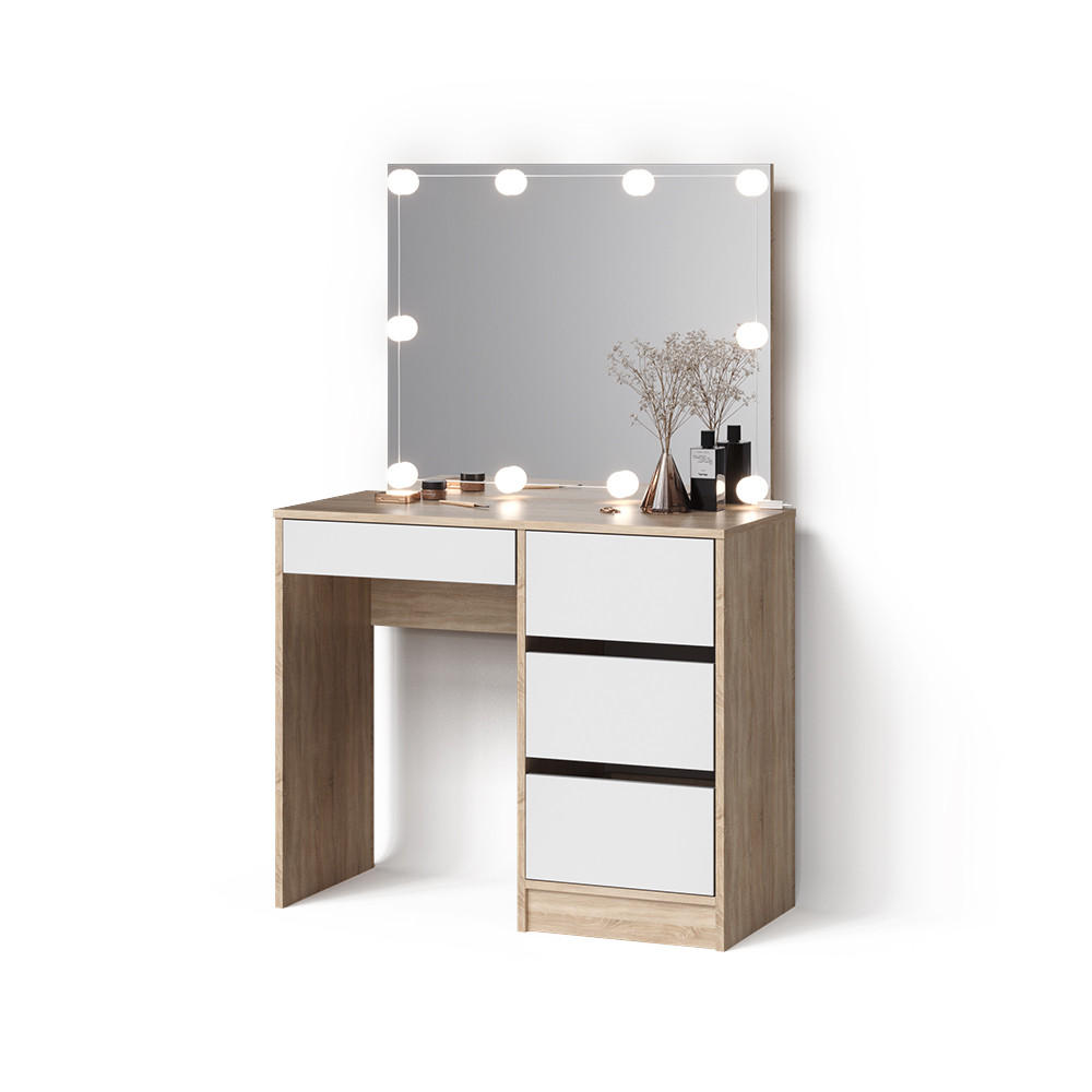 SCHMINKTISCH Imola Sonoma 90 cm mit LED Beleuchtung - Weiß/Sonoma Eiche, Holzwerkstoff (90/75/40cm) - Livinity®