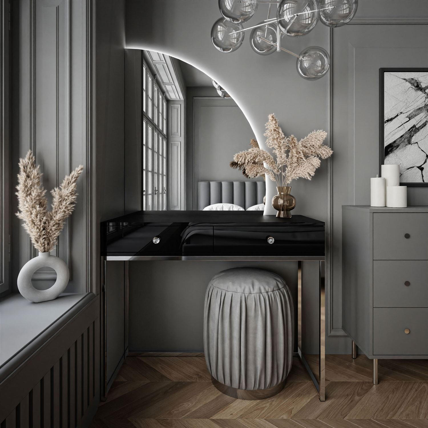 SCHMINKTISCH schwarz QUINNIE GLAMOUR mit LED-Spiegel rechts Griff Kristall - Silberfarben/Schwarz, Holzwerkstoff (100/176/42cm) - Lookway