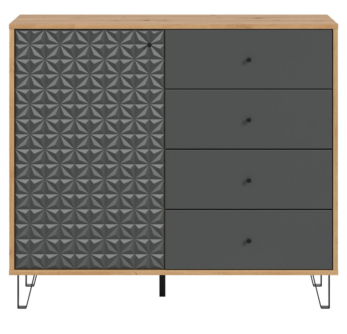 KOMMODE grau, Eiche Artisan 110 x 96 cm, Sideboard mit 3D-Struktur - Schwarz/Eiche Artisan, Holzwerkstoff/Kunststoff (110/96/40cm) - Inn.Furn