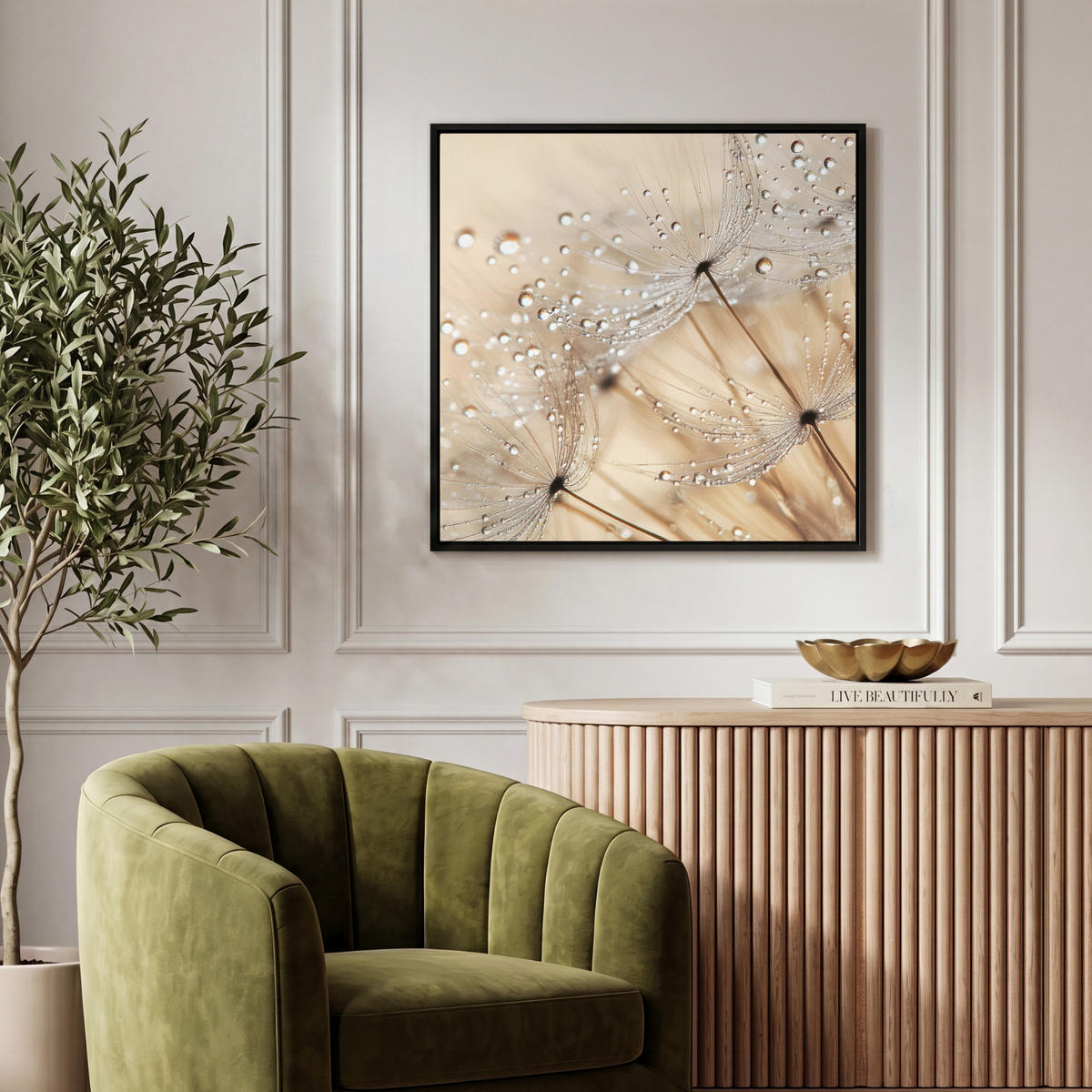 LEINWAND Bilder mit Rahmen - Löwenzahn - Abstrakt - Natur - Beige - 50x50 - Braun, Textil (50/50cm) - MuchoWow