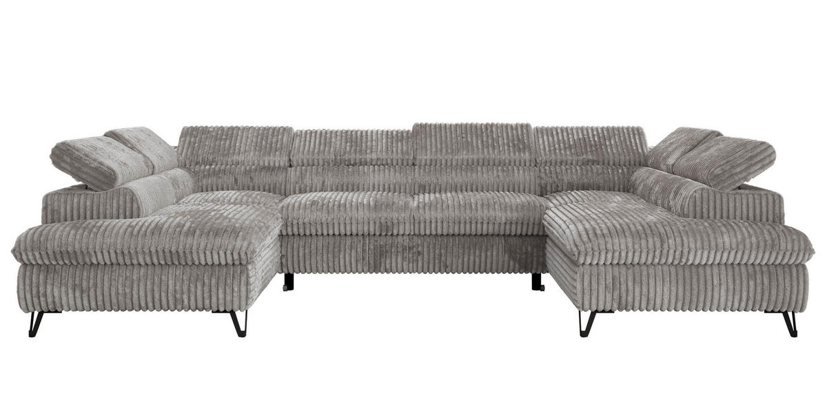 WOHNLANDSCHAFT PABLO U Cord Hellgrau mit Topper T25 - Hellgrau/Schwarz, Textil/Metall (346/76/208cm) - MKS