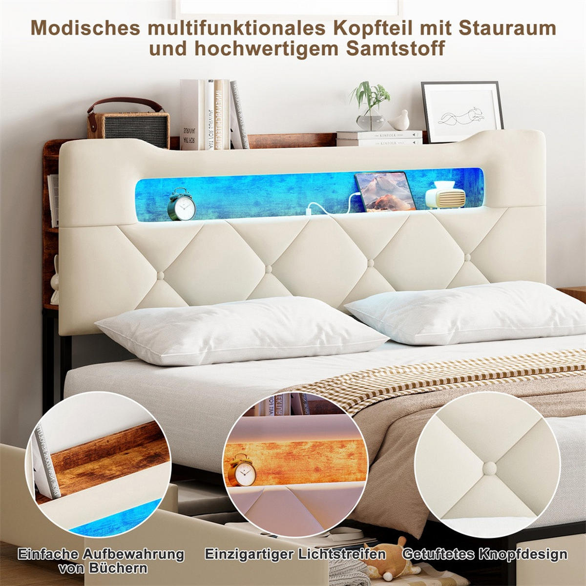 POLSTERBETT 140x200 cm - Doppelbett mit Stauraumkopfteil - 4 Schubladen und LED-Beleuchtung - ohne Matratze - Beige - Beige, Textil (140/200cm) - DELFA