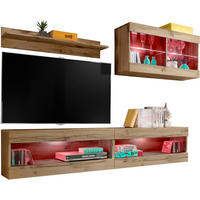 WOHNWAND 4-er Set, TIVOLI SET6 mit mehrfarbige LED RGB Beleuchtung Wotan + Wotan, Offener Raum - Eiche Wotan, Glas/Holzwerkstoff (240/195/35cm) - Komodee