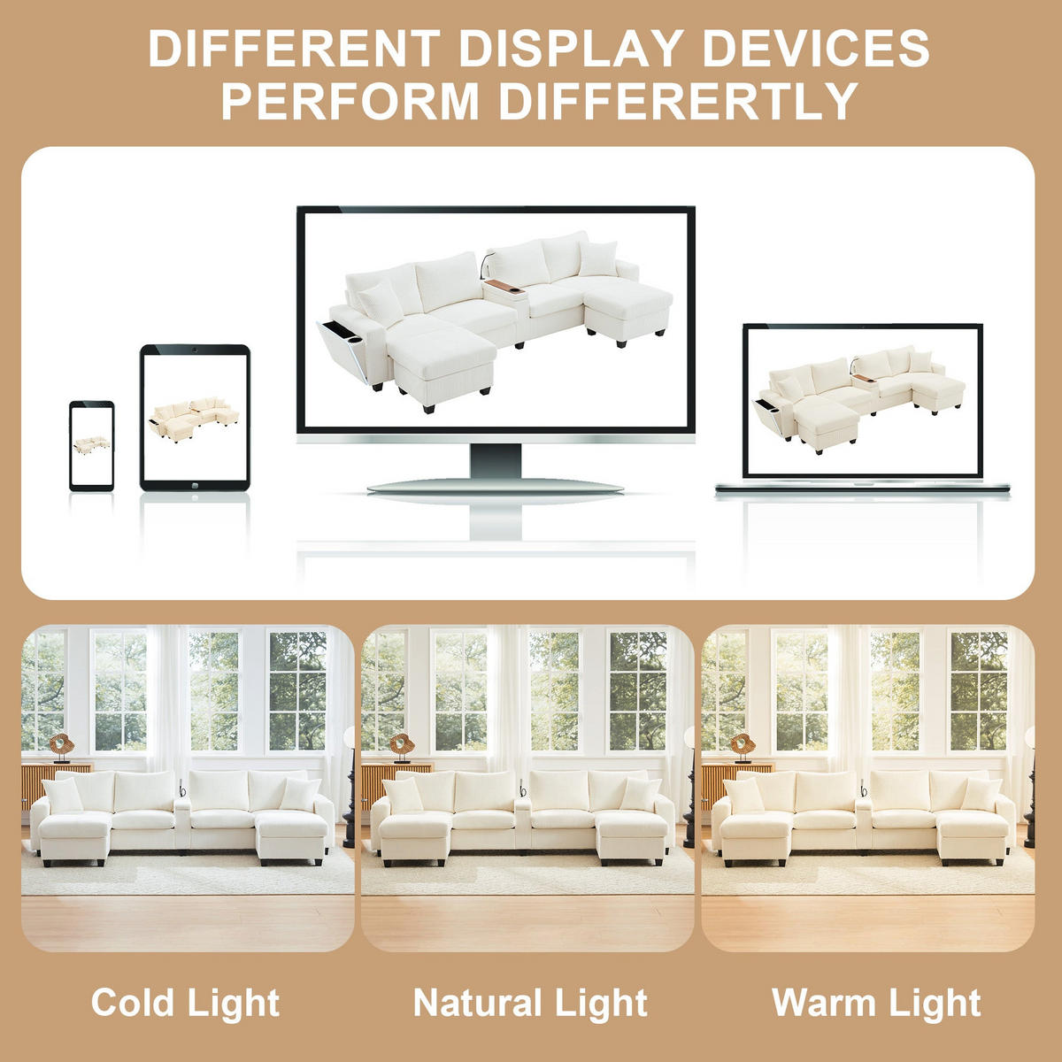 ECKSOFA aus Cord in Beige mit LED Beleuchtung & smarten USB-Anschlüssen - Beige, Textil (128/334cm) - Urban Meuble